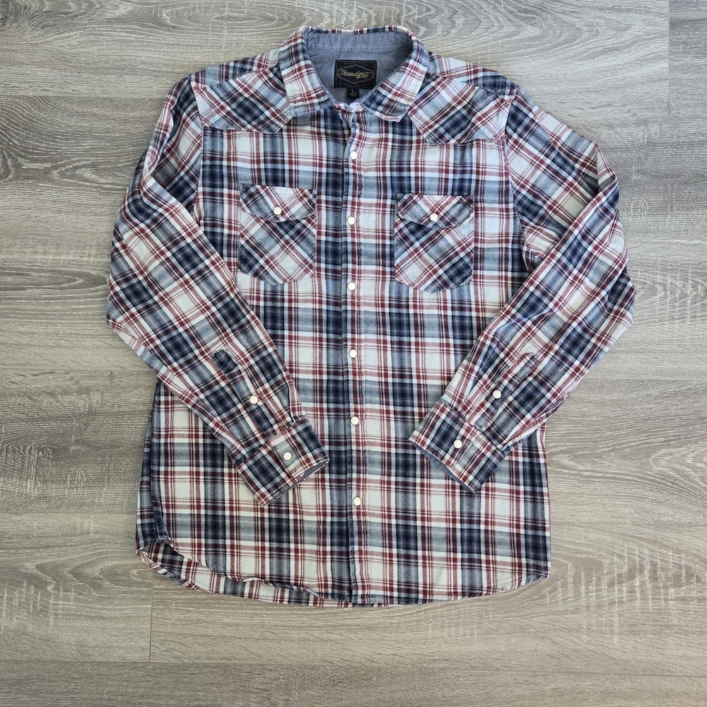 Threadgrit‎  Mens  Plaid Western Shirt Pearl Snap Buttons Red, Blue Sz L